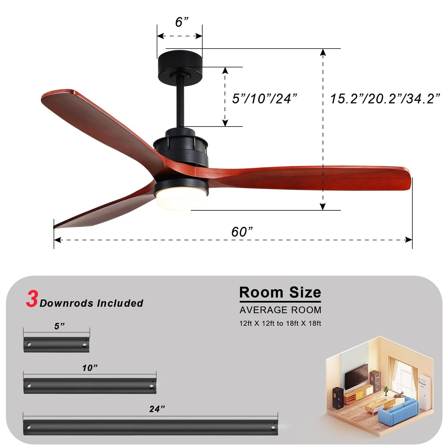 Ventilateur de plafond silencieux en bois de noyer 52/60/48 avec télécommande et éclairage intégré en option