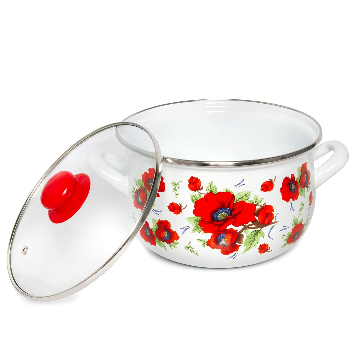 Cocotte profonde en acier émaillé Poppies Belly de STP Goods avec couvercle en verre