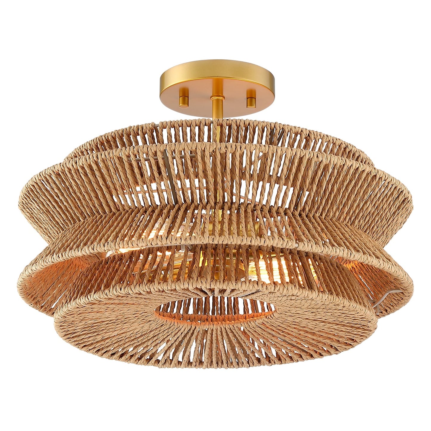 Plafonnier semi-encastré Silvia à 2 lumières en corde tressée de style bohème - 40,6 cm de largeur