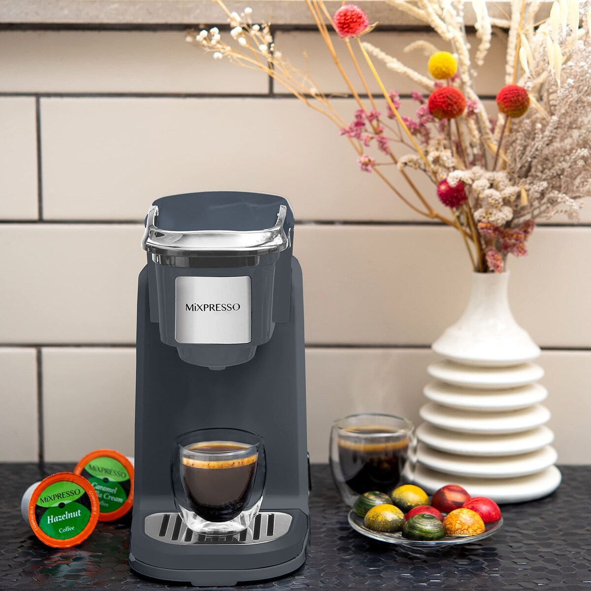 Cafetière à une tasse, machine à café individuelle, compatible avec KCup, fonction One Touch, grise