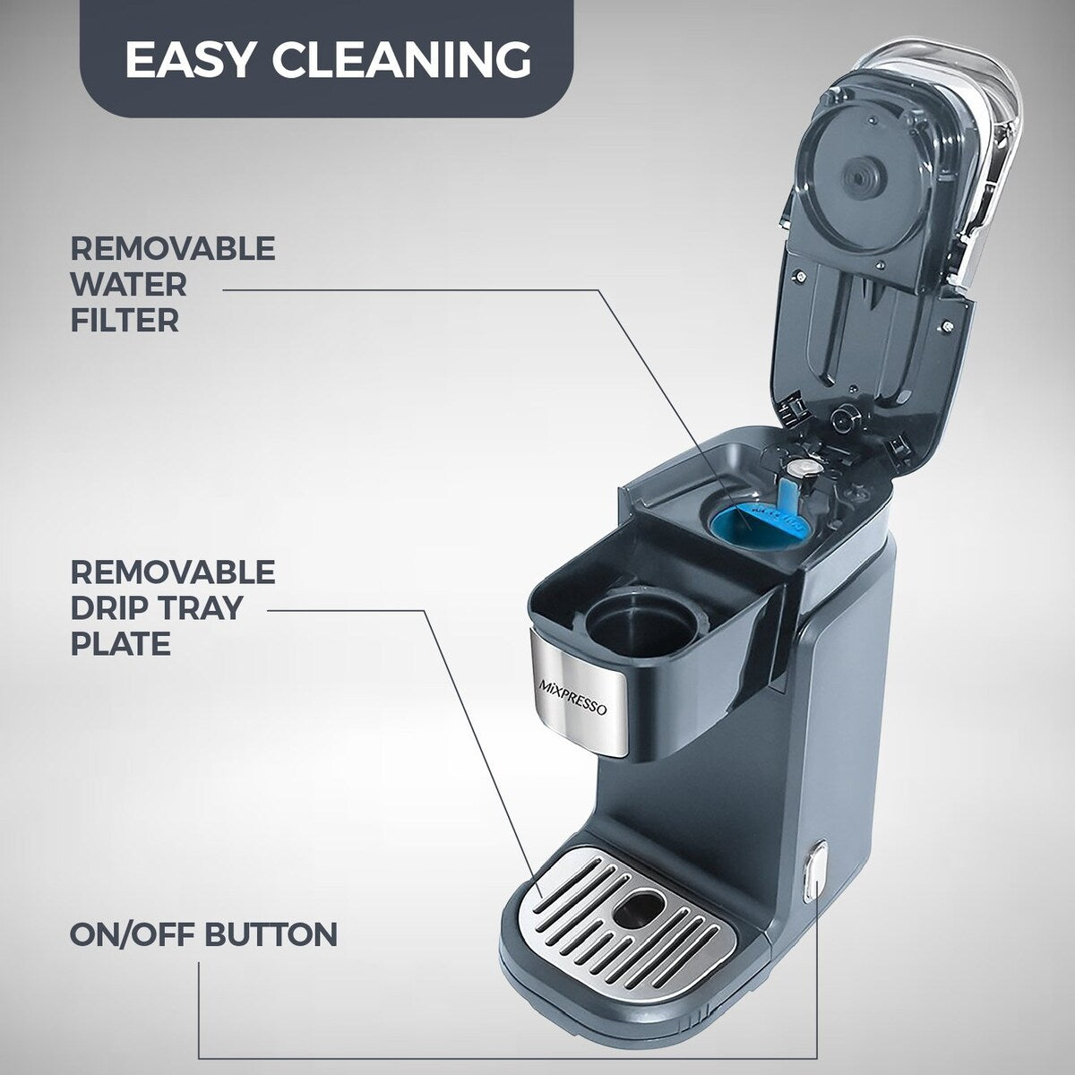 Cafetière à une tasse, machine à café individuelle, compatible avec KCup, fonction One Touch, grise