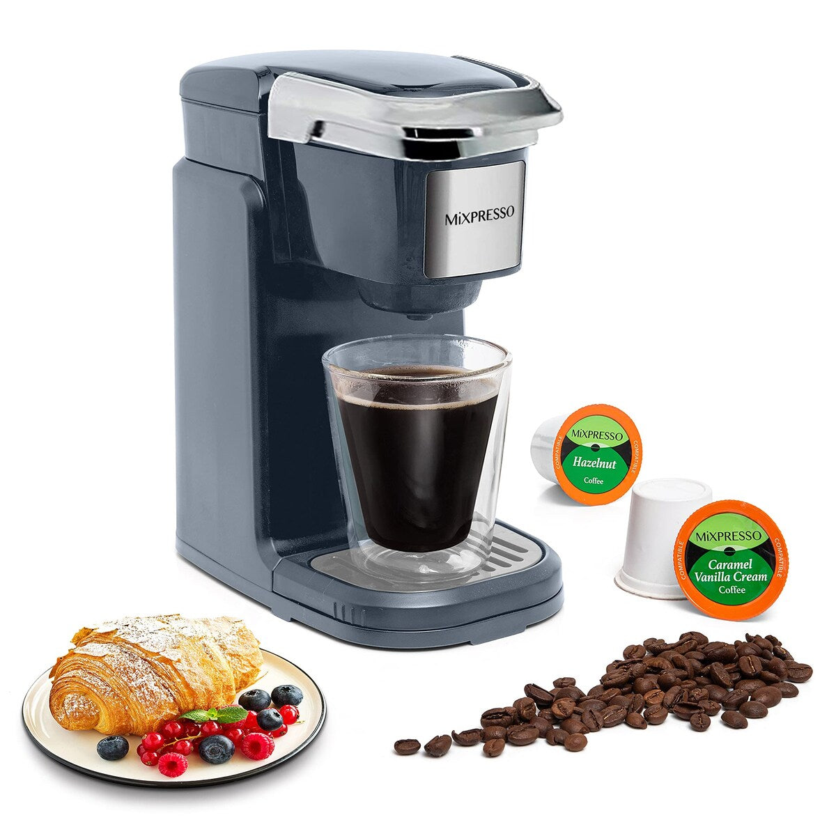 Cafetière à une tasse, machine à café individuelle, compatible avec KCup, fonction One Touch, grise