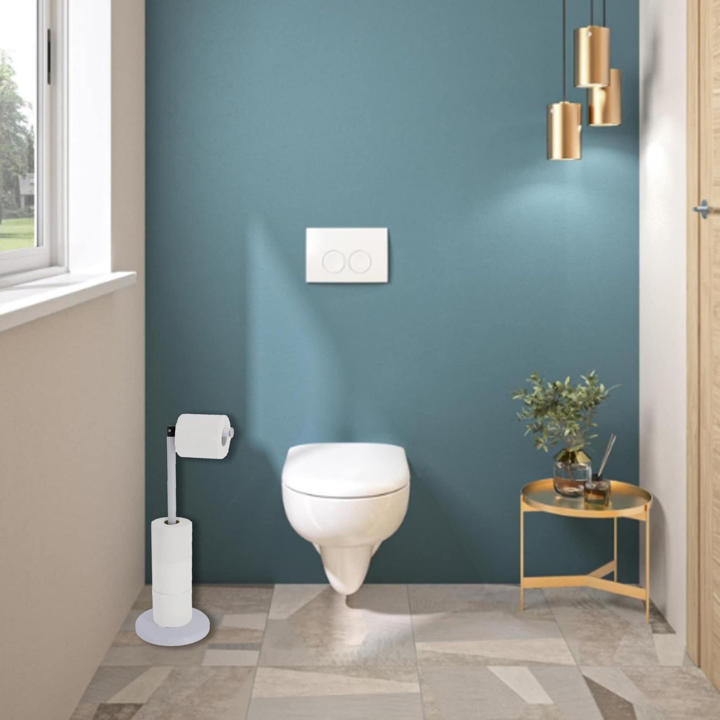Porte-papier hygiénique élégant avec bras pliant et réserve, support compact en métal autoportant - Diamètre 8 pouces X 22 H