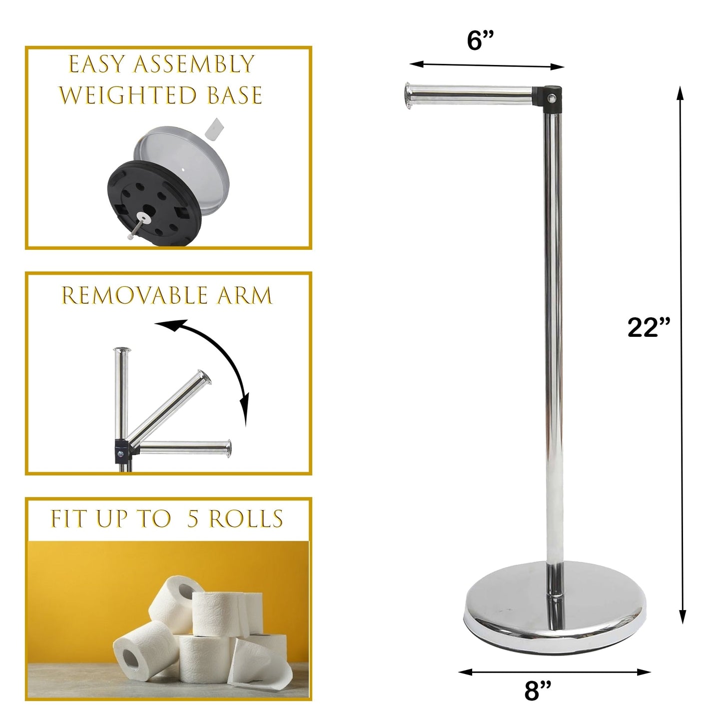 Porte-papier hygiénique élégant avec bras pliant et réserve, support compact en métal autoportant - Diamètre 8 pouces X 22 H
