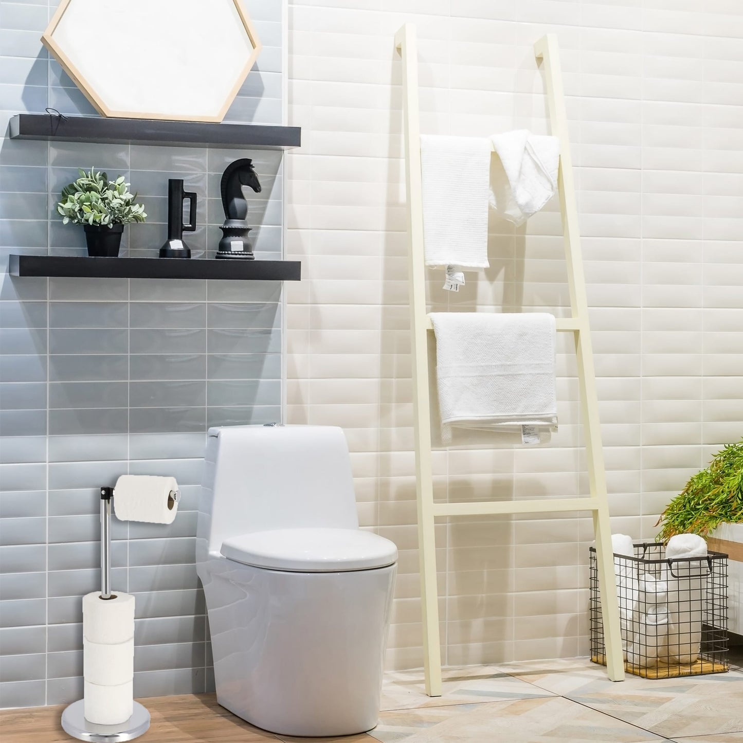 Porte-papier hygiénique élégant avec bras pliant et réserve, support compact en métal autoportant - Diamètre 8 pouces X 22 H