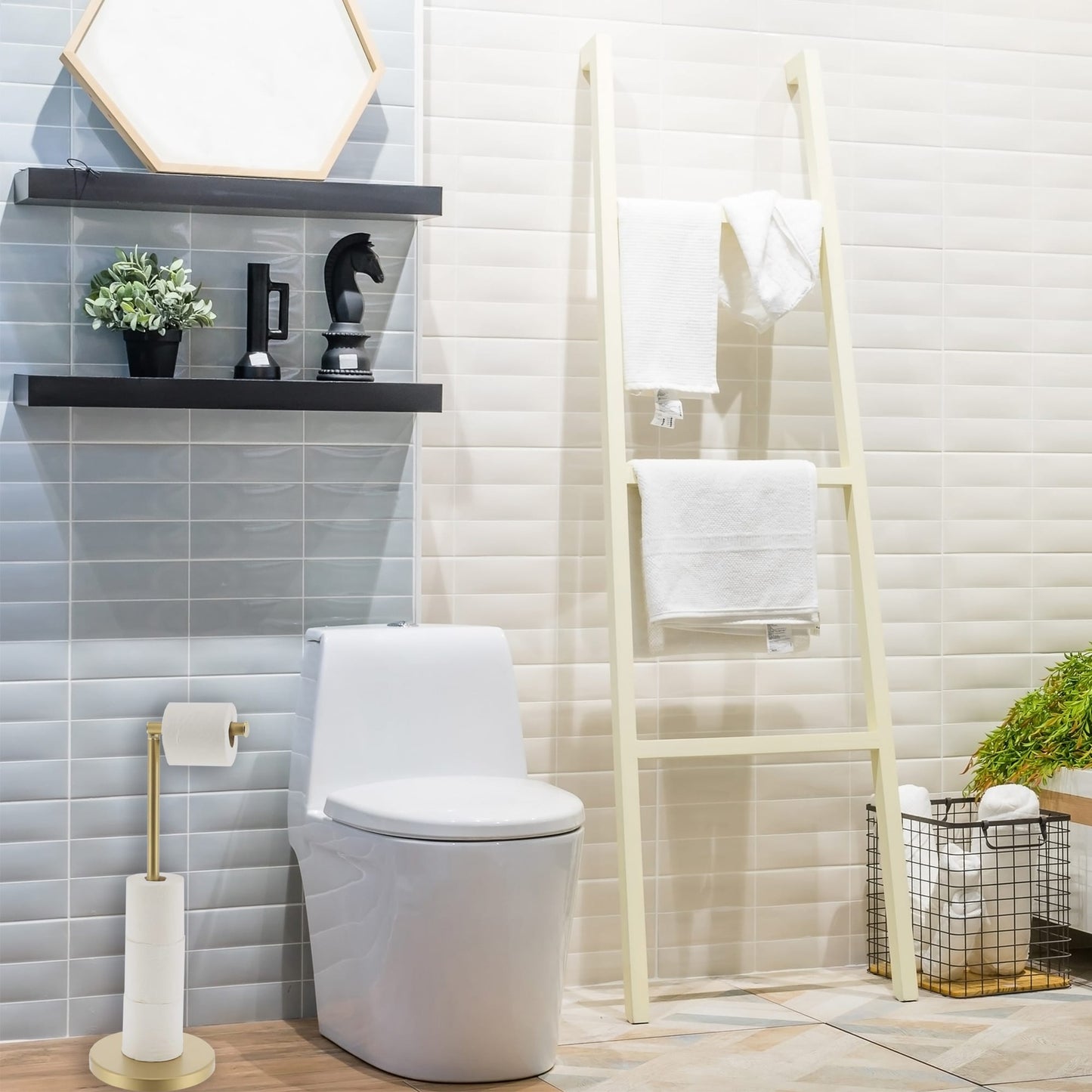 Porte-papier hygiénique élégant avec bras pliant et réserve, support compact en métal autoportant - Diamètre 8 pouces X 22 H