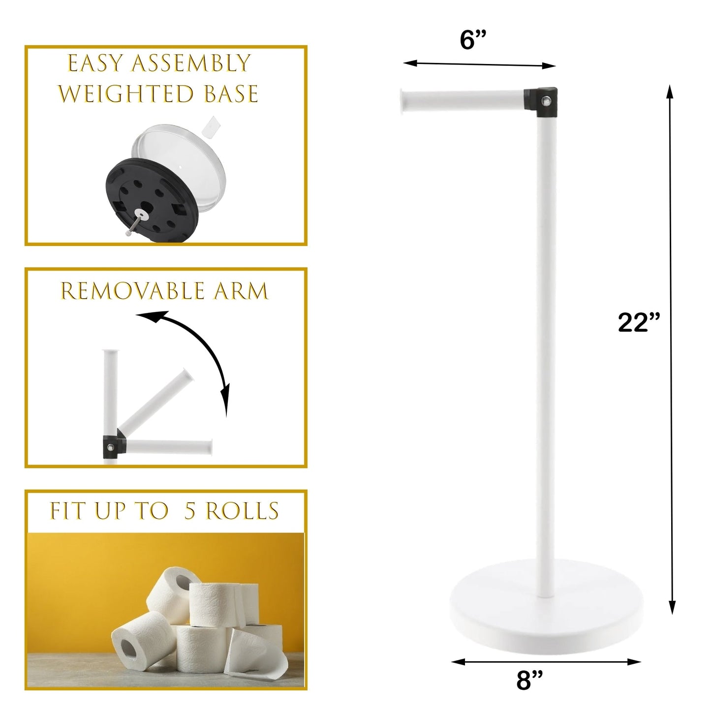 Porte-papier hygiénique élégant avec bras pliant et réserve, support compact en métal autoportant - Diamètre 8 pouces X 22 H