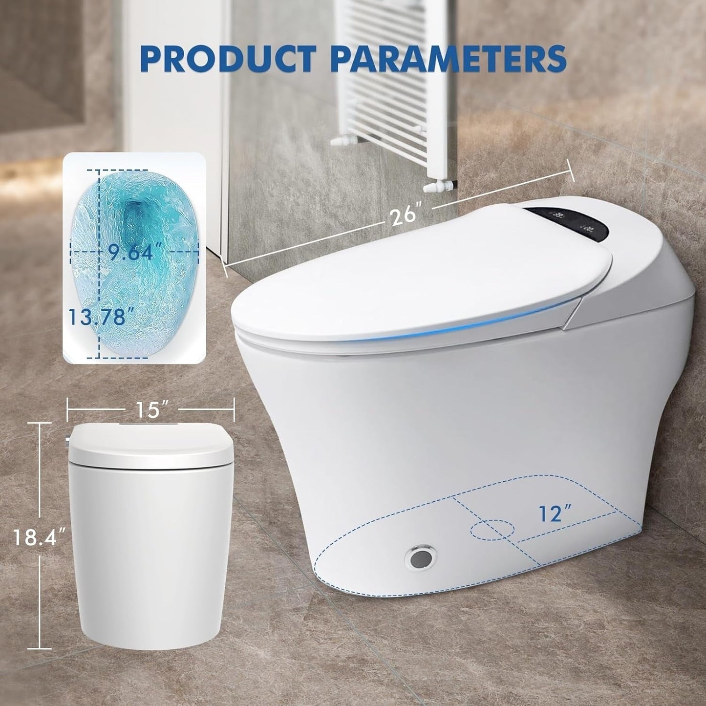 Toilettes intelligentes, bidet monobloc pour salle de bain, toilettes allongées modernes avec eau chaude, double chasse d'eau automatique, fonctionnement par capteur de pied