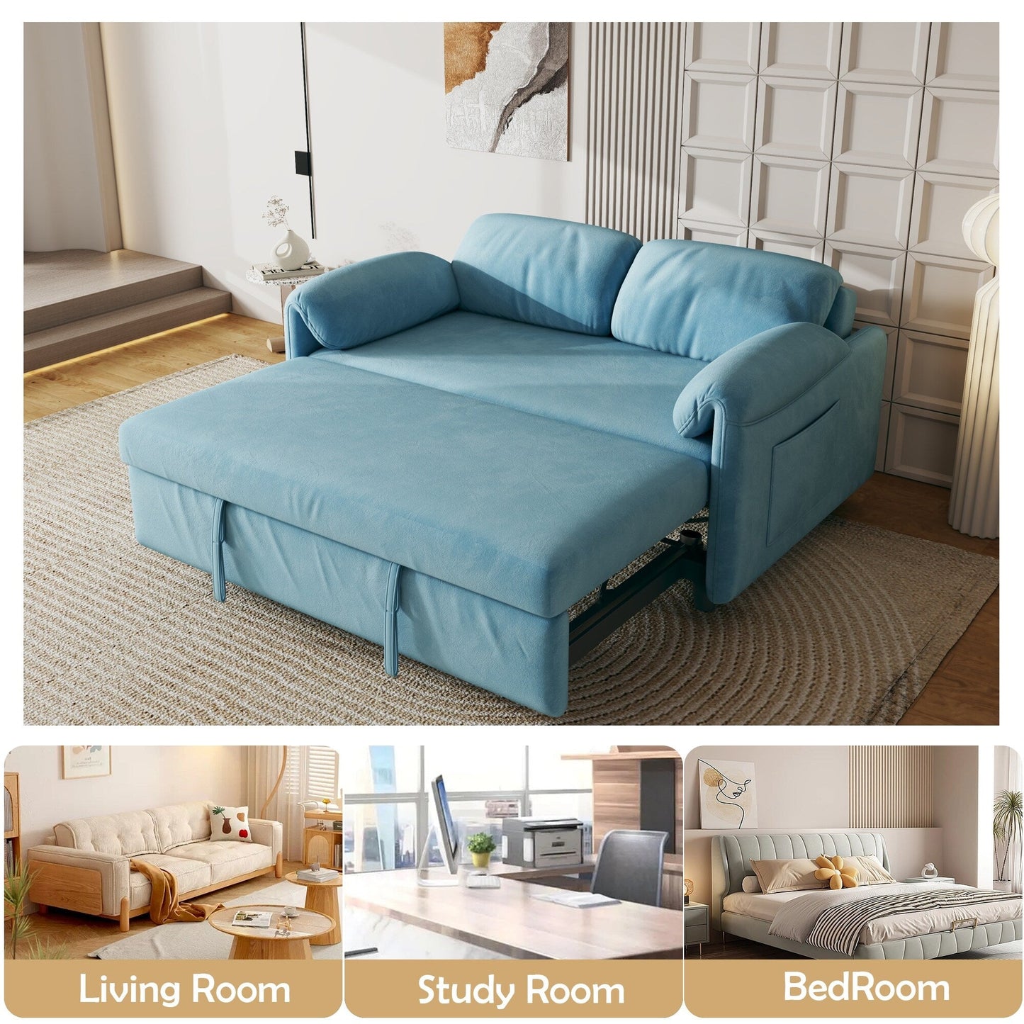 Sofa Showcase: 54 Velvet Blue Sofa Bed - A Dual-Purpose Living Room Gem with a Retractable Bed Option