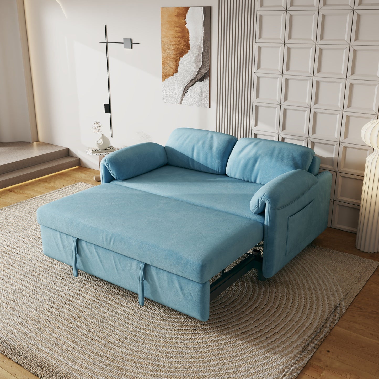 Sofa Showcase: 54 Velvet Blue Sofa Bed - A Dual-Purpose Living Room Gem with a Retractable Bed Option