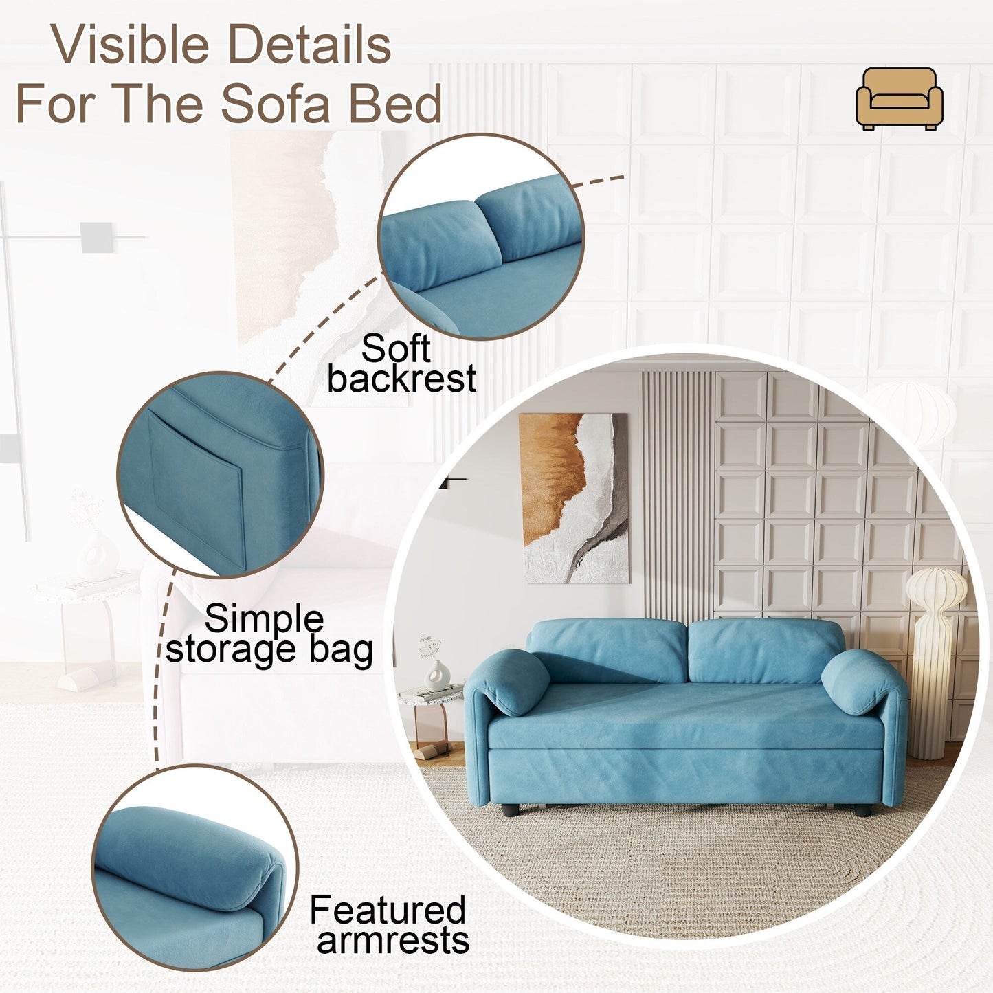 Sofa Showcase: 54 Velvet Blue Sofa Bed - A Dual-Purpose Living Room Gem with a Retractable Bed Option