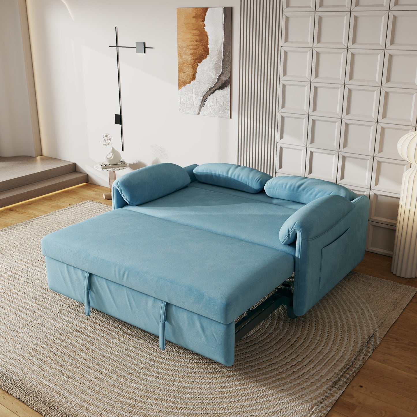Sofa Showcase: 54 Velvet Blue Sofa Bed - A Dual-Purpose Living Room Gem with a Retractable Bed Option