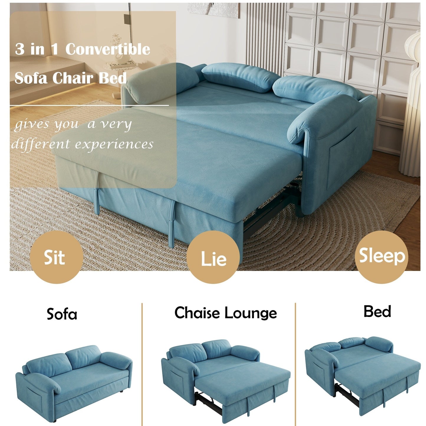 Sofa Showcase: 54 Velvet Blue Sofa Bed - A Dual-Purpose Living Room Gem with a Retractable Bed Option