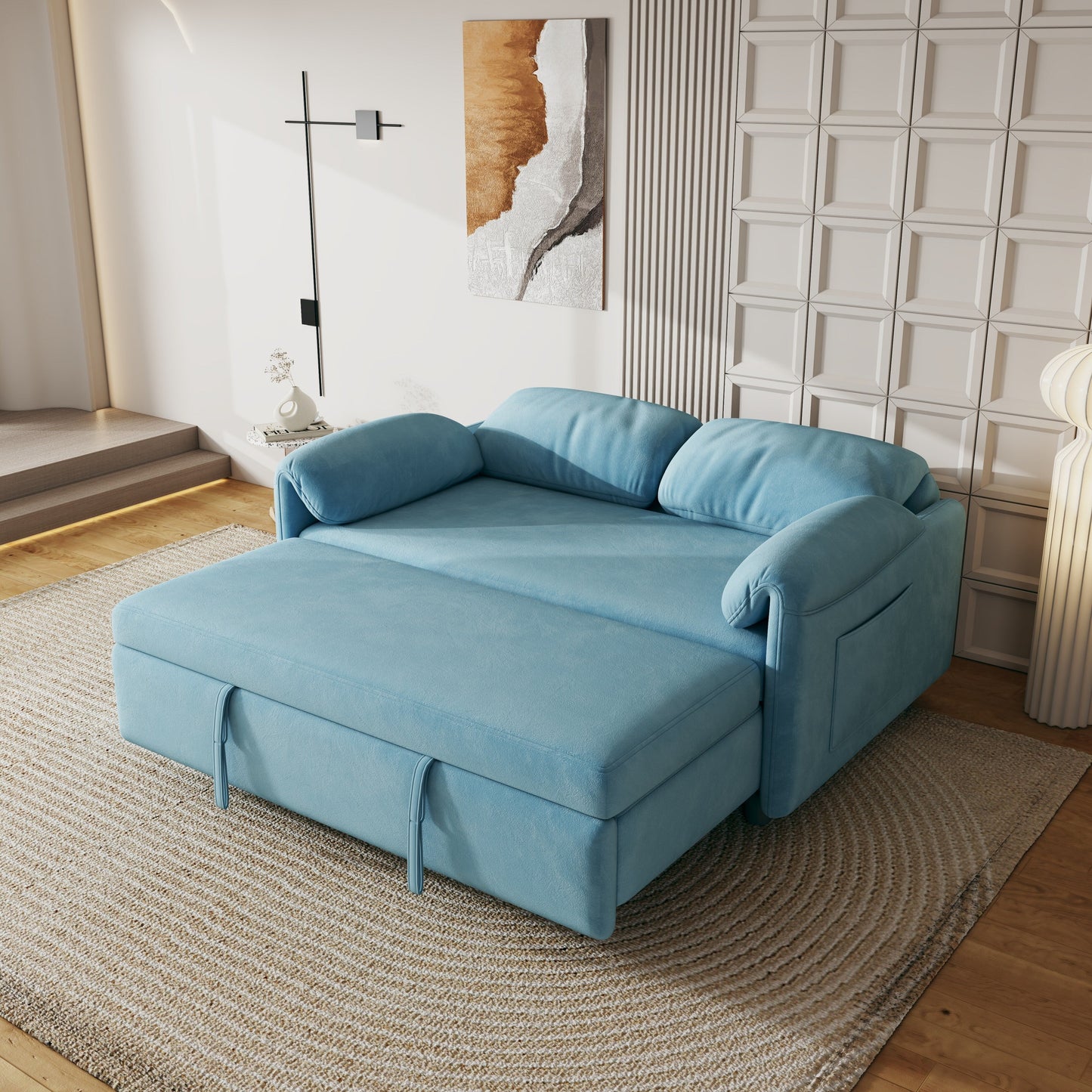 Sofa Showcase: 54 Velvet Blue Sofa Bed - A Dual-Purpose Living Room Gem with a Retractable Bed Option