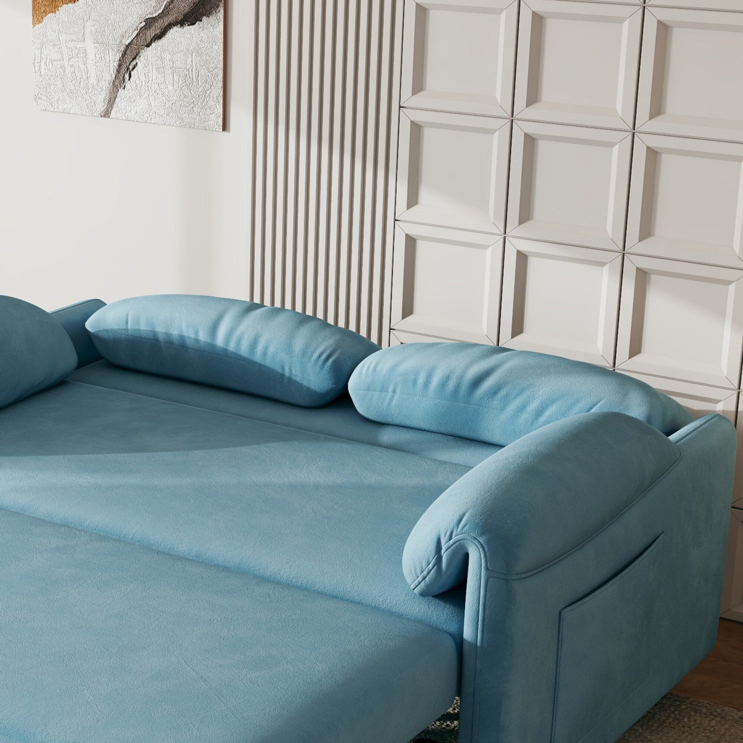 Sofa Showcase: 54 Velvet Blue Sofa Bed - A Dual-Purpose Living Room Gem with a Retractable Bed Option