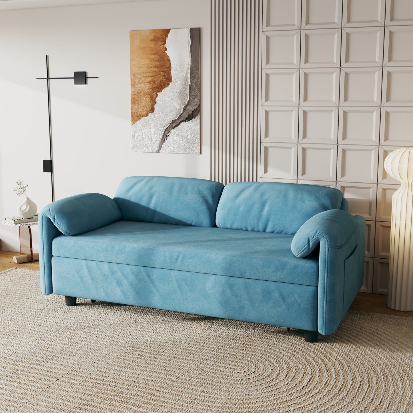 Sofa Showcase: 54 Velvet Blue Sofa Bed - A Dual-Purpose Living Room Gem with a Retractable Bed Option