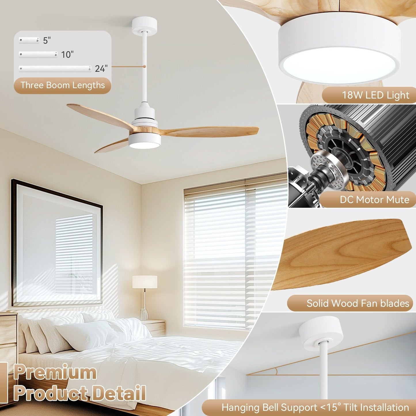 Ventilateur de plafond d'intérieur en bois Sofucor 52 avec télécommande et éclairage intégré en option