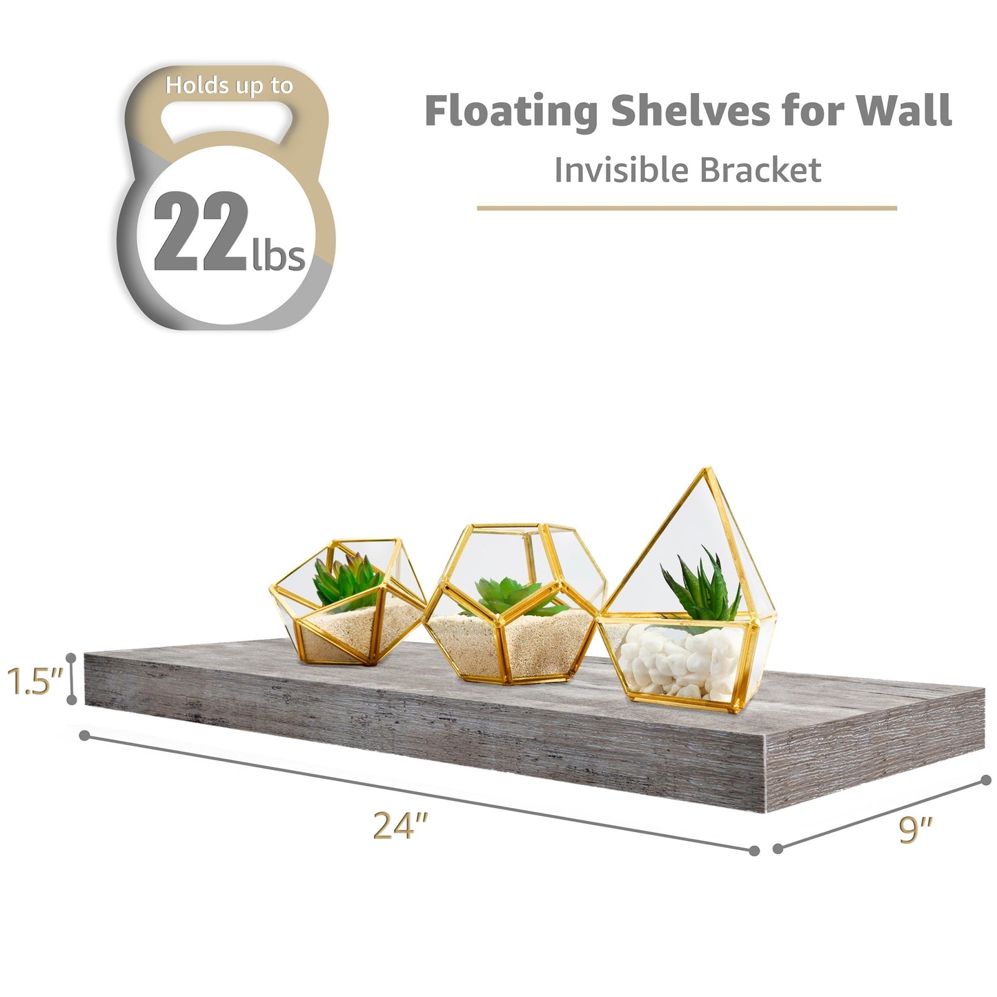 Étagères murales flottantes Sorbus en bois pour livres et rangement avec supports invisibles - Lot de 3