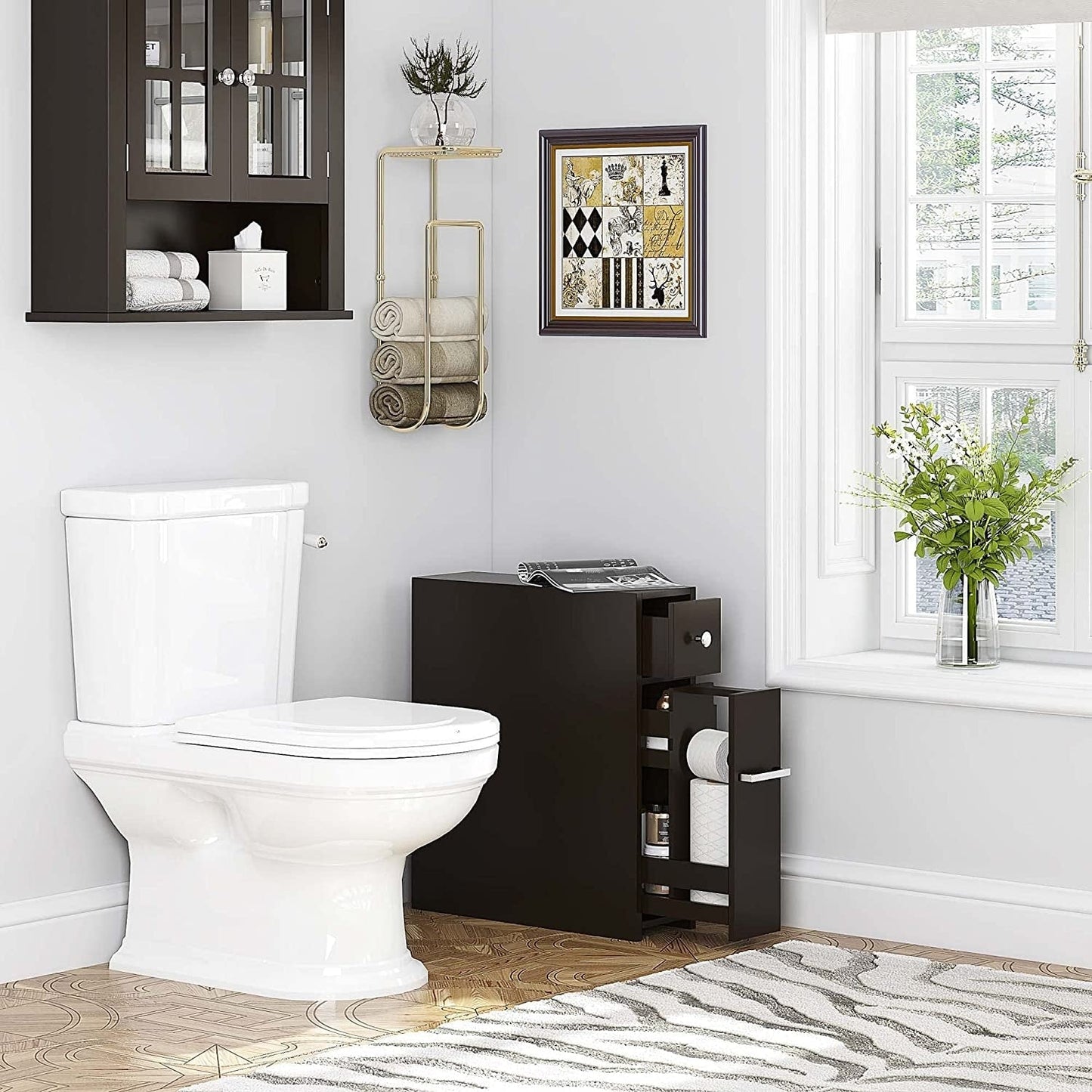Meuble de rangement de salle de bain Spirich Home Slim, porte-papier toilette autoportant, meuble de salle de bain avec tiroir coulissant