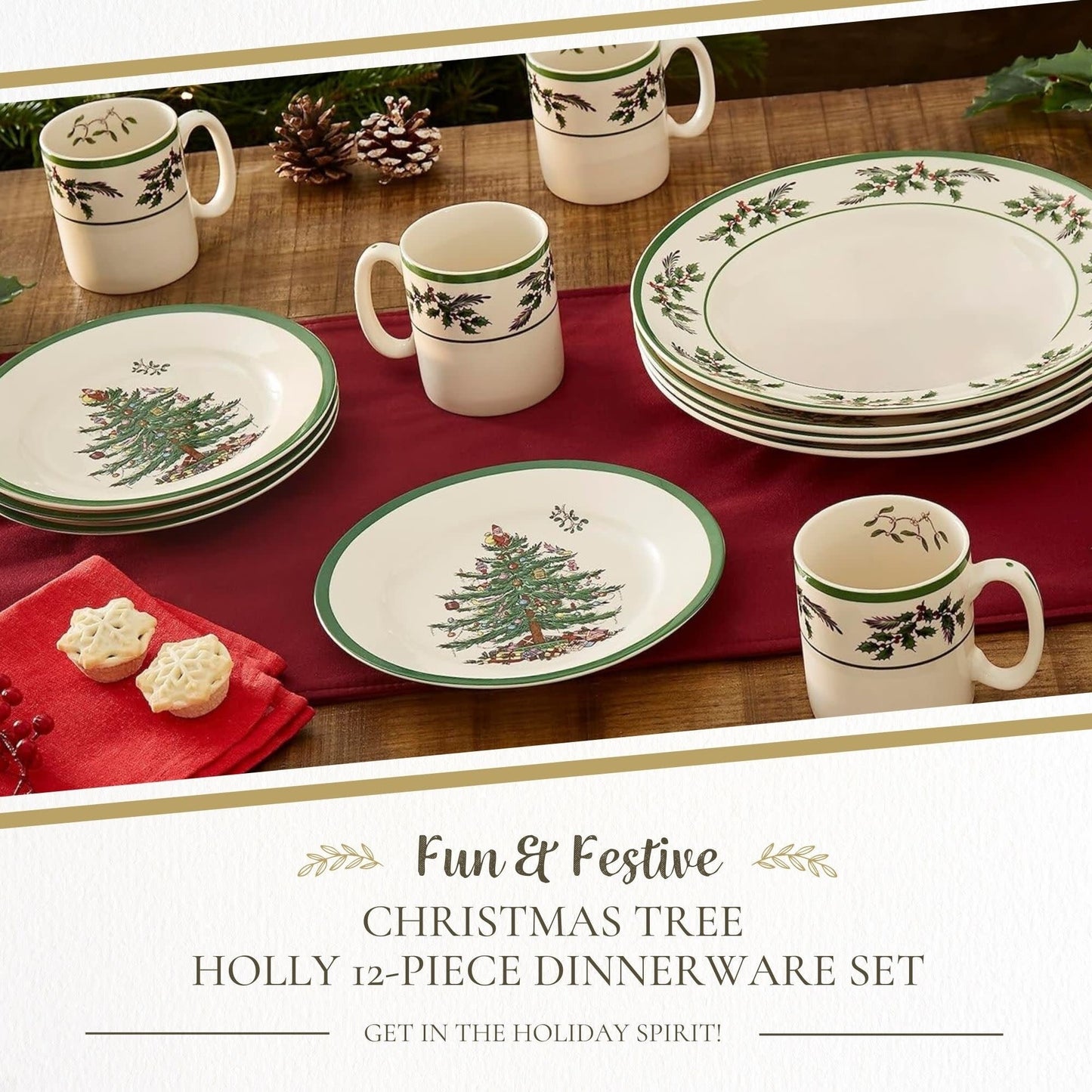 Service de table Spode Christmas Tree Holly en faïence fine, 12 pièces