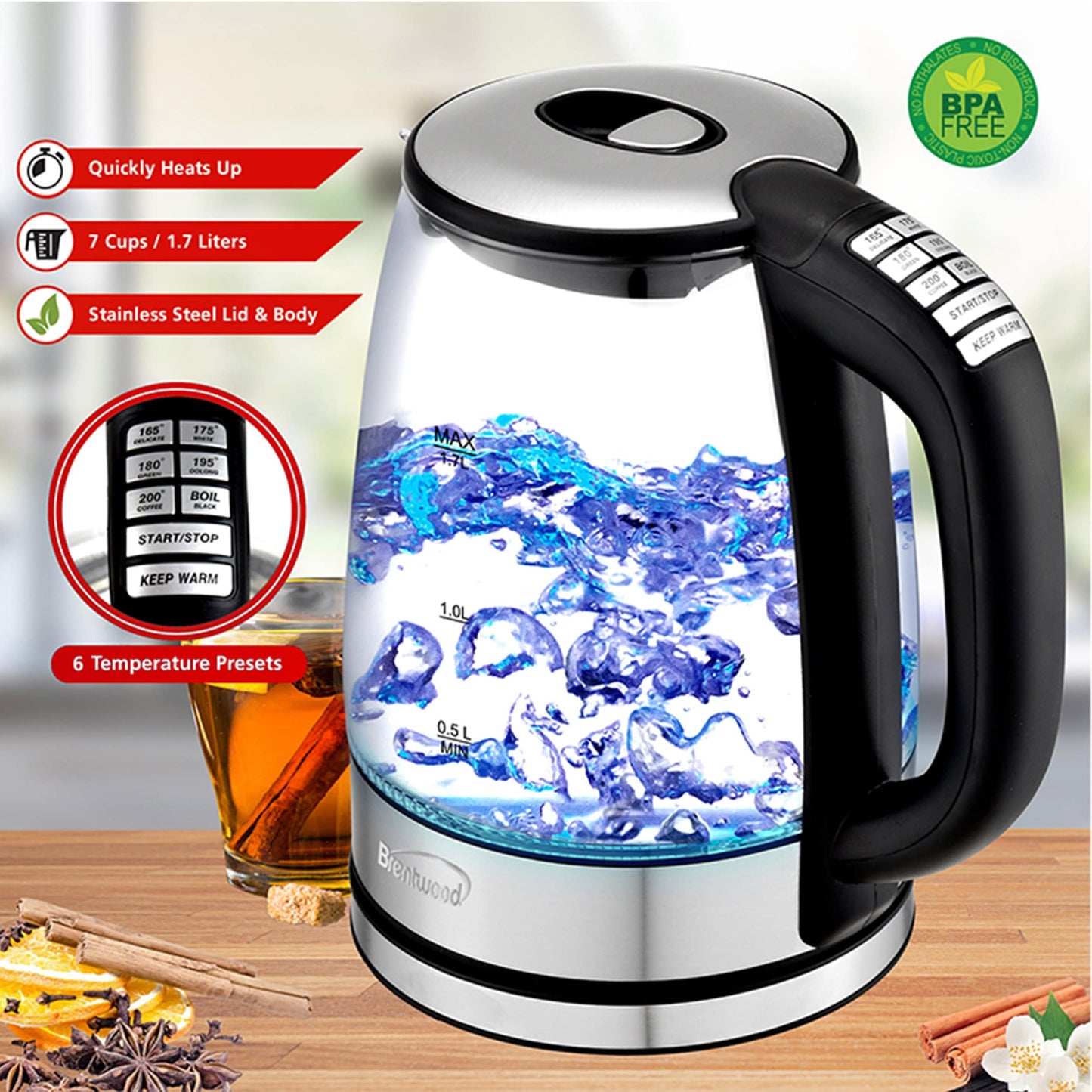 Bouilloire électrique en acier inoxydable de 7,2 tasses avec 6 préréglages