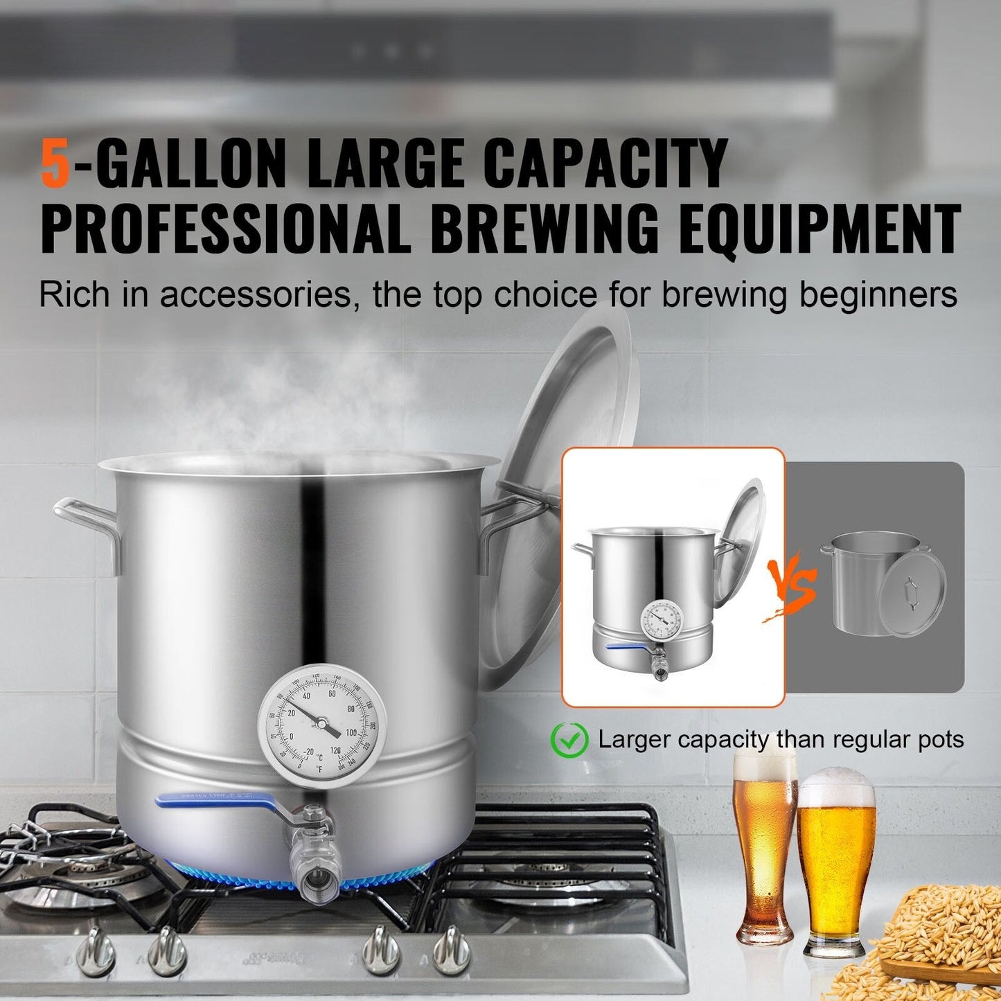 Bouilloire en acier inoxydable, pot de brassage, fond triple épaisseur pour la bière, bouilloire de brassage, fournitures de brassage maison avec couvercle et poignée