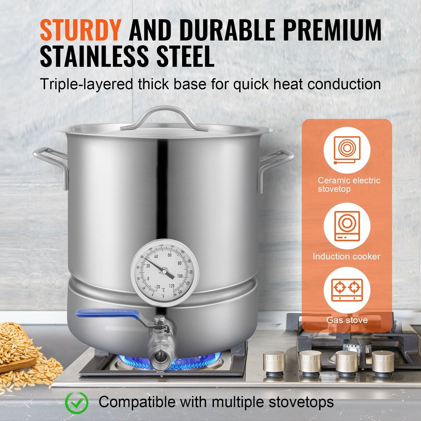 Bouilloire en acier inoxydable, pot de brassage, fond triple épaisseur pour la bière, bouilloire de brassage, fournitures de brassage maison avec couvercle et poignée