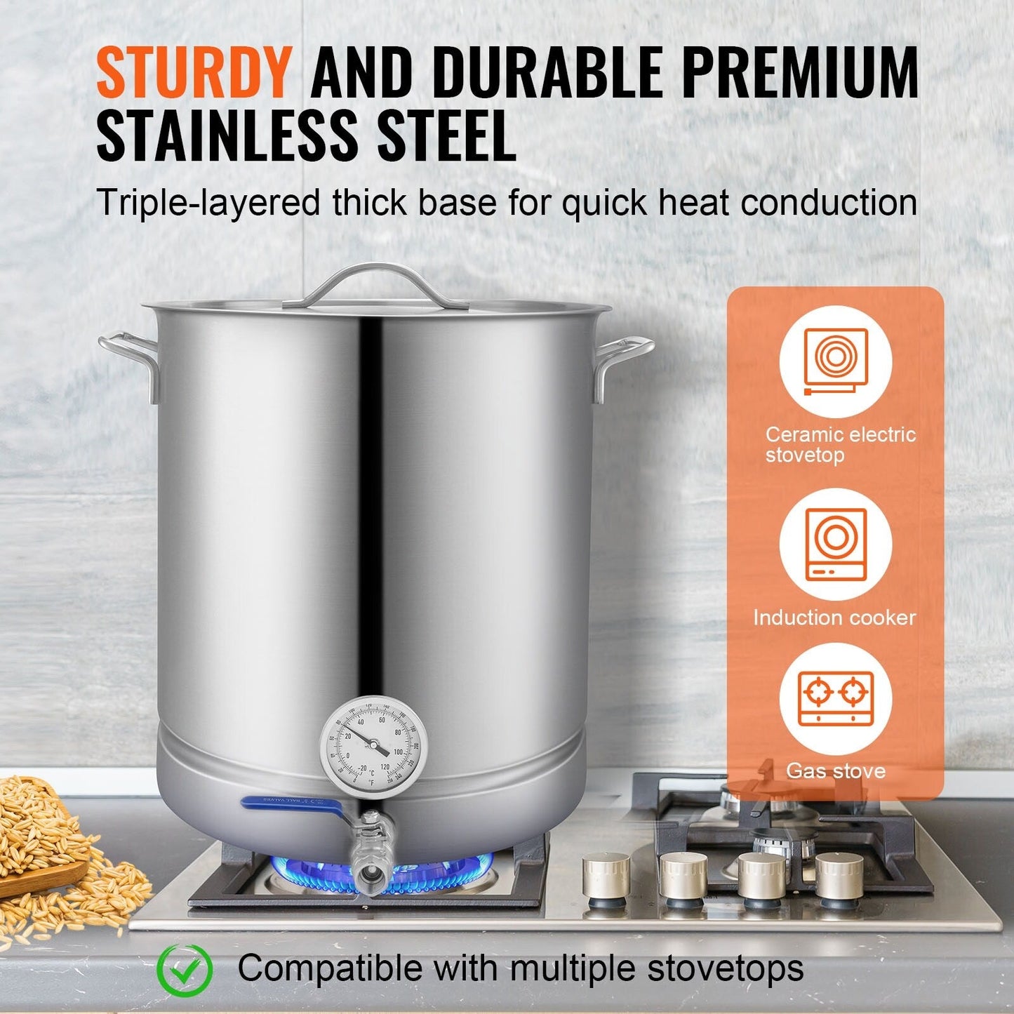 Bouilloire en acier inoxydable, pot de brassage, fond triple épaisseur pour la bière, bouilloire de brassage, fournitures de brassage maison avec couvercle et poignée