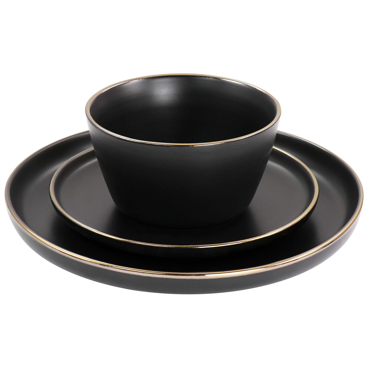 Service de table 16 pièces en grès noir avec bordure dorée