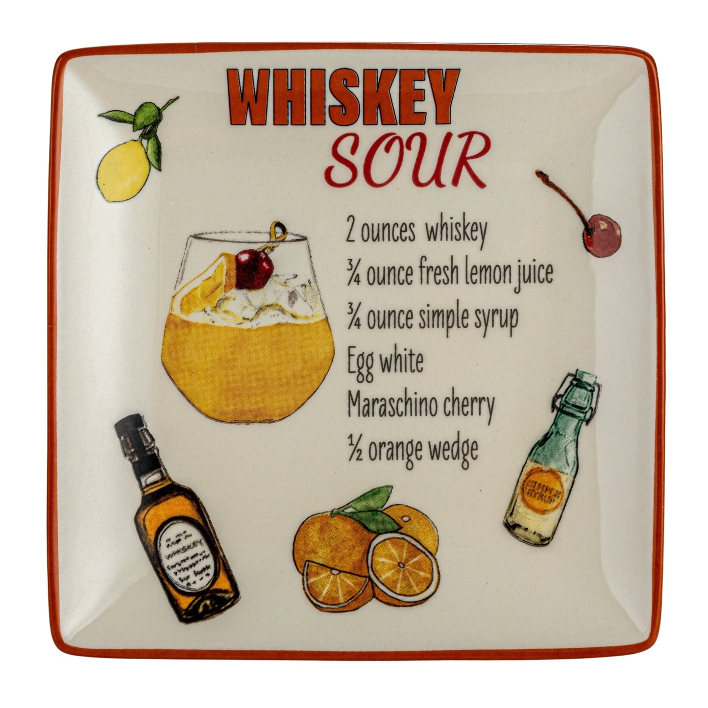 Ensemble d'assiettes en grès avec motif de recettes de cocktails - 6,0 L x 6,0 l x 0,5 H