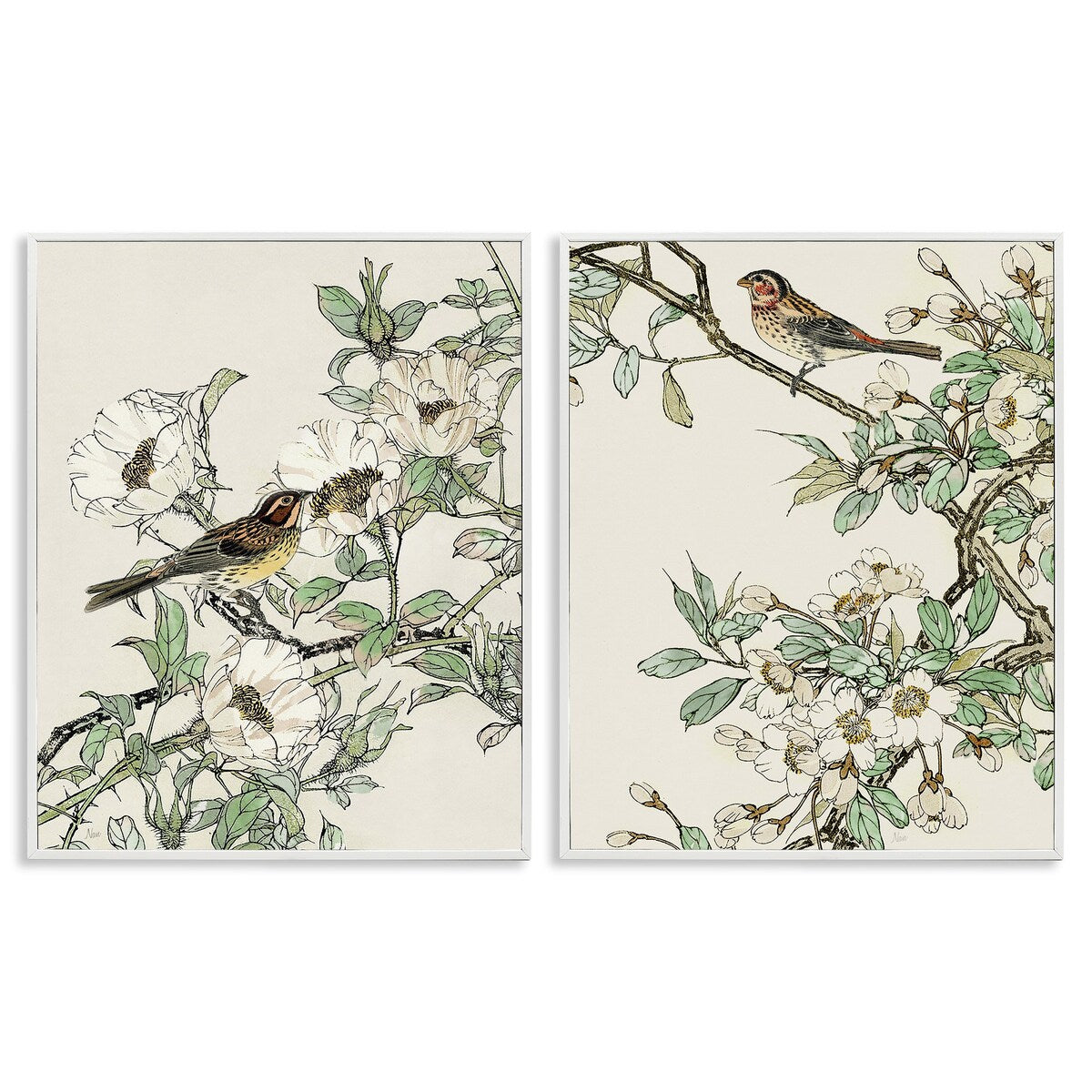 Ensemble d'art giclée encadré Stupell Classic Moineau sur fleurs, 2 pièces, conçu par Nan