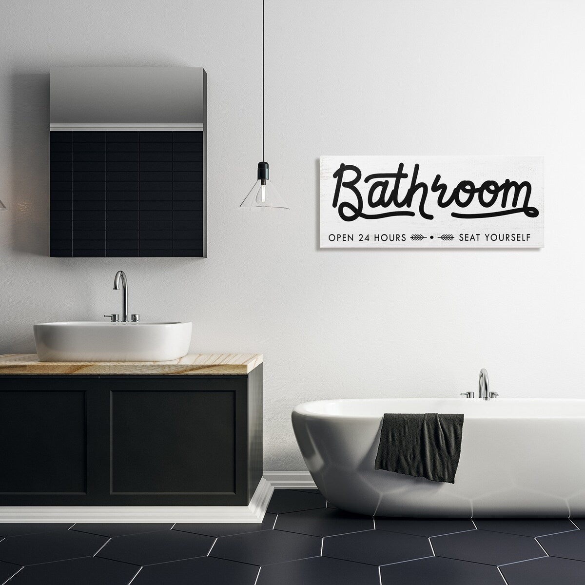 Stupell - Panneau de salle de bain « Asseyez-vous » - Art mural minimaliste sur toile noir et blanc