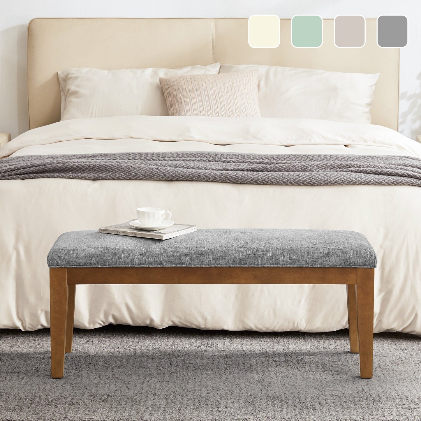 Banc d'entrée rembourré en tissu, banc de chambre pour bout de lit beige, bois massif 44 pouces