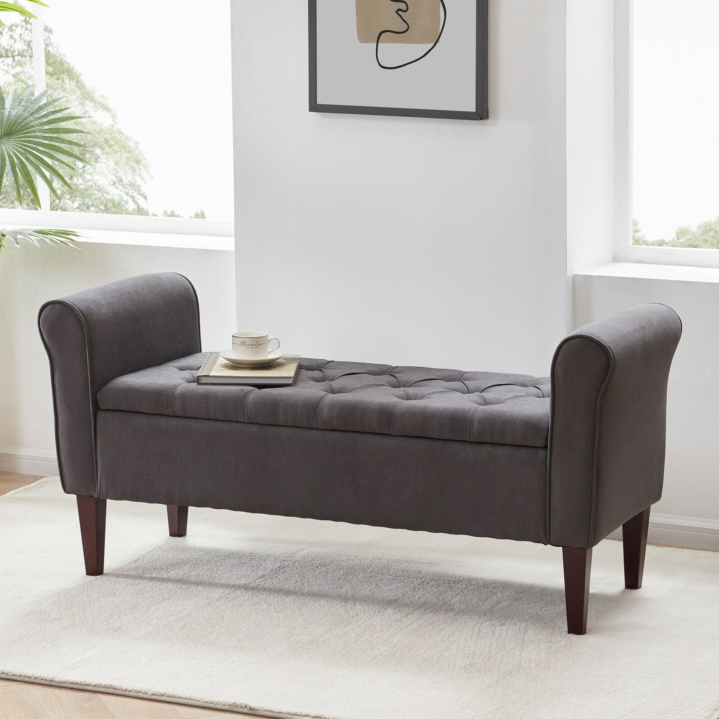 Banc de rangement rembourré, banc d'entrée avec dessus rabattable touffeté, 50,4 pouces