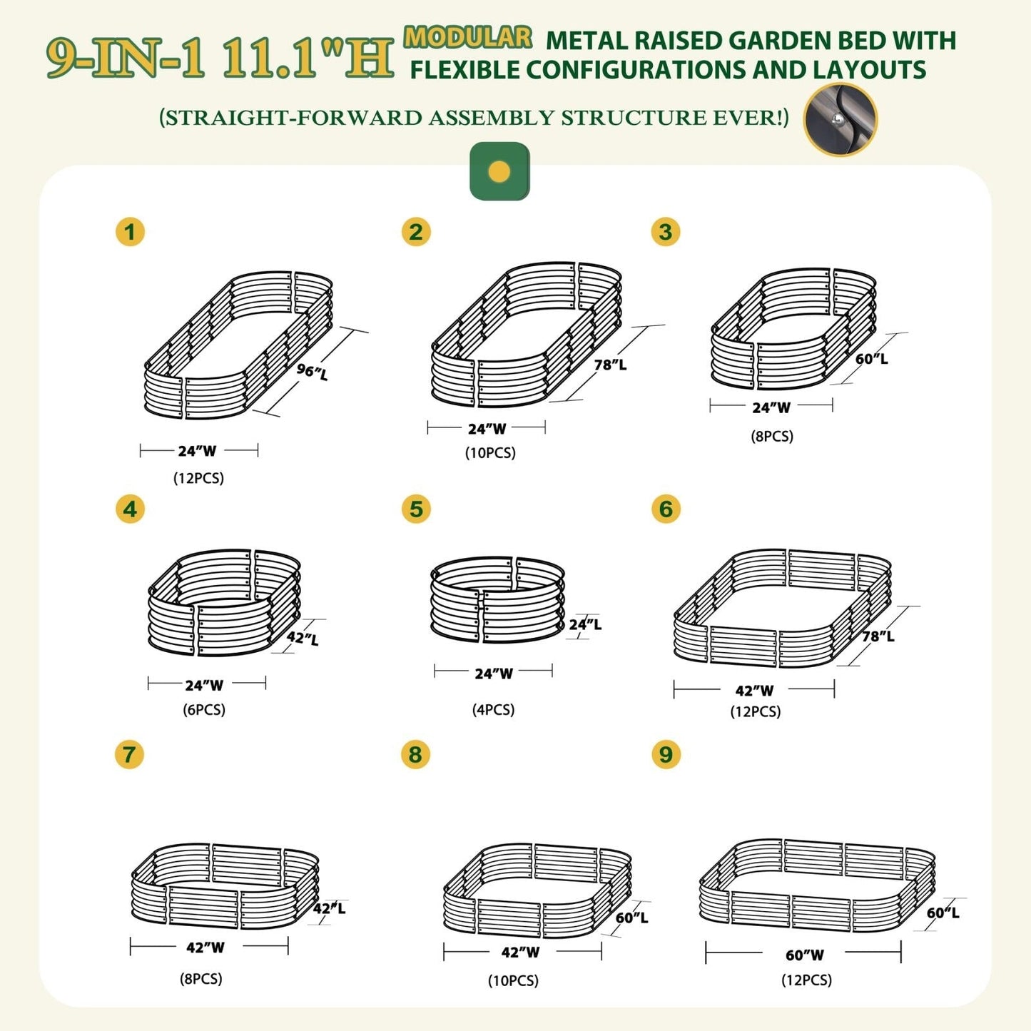 Jardinière surélevée en métal galvanisé VEIKOUS 8 pi x 2 pi x 1 pi, jardinière 9 en 1 pour le jardinage extérieur