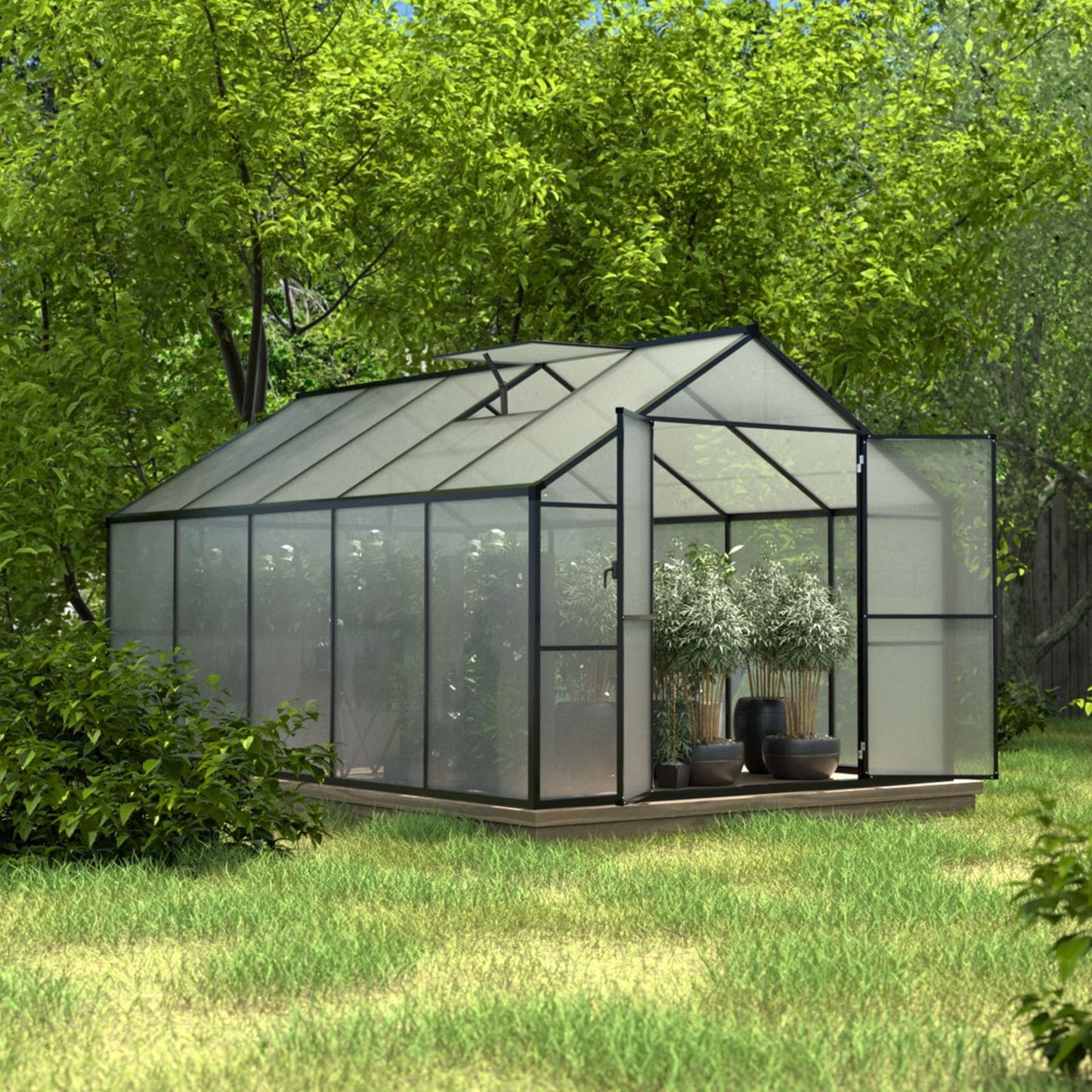 Serre de jardin en aluminium VEIKOUS avec ventilation de toit réglable et porte verrouillable, gris