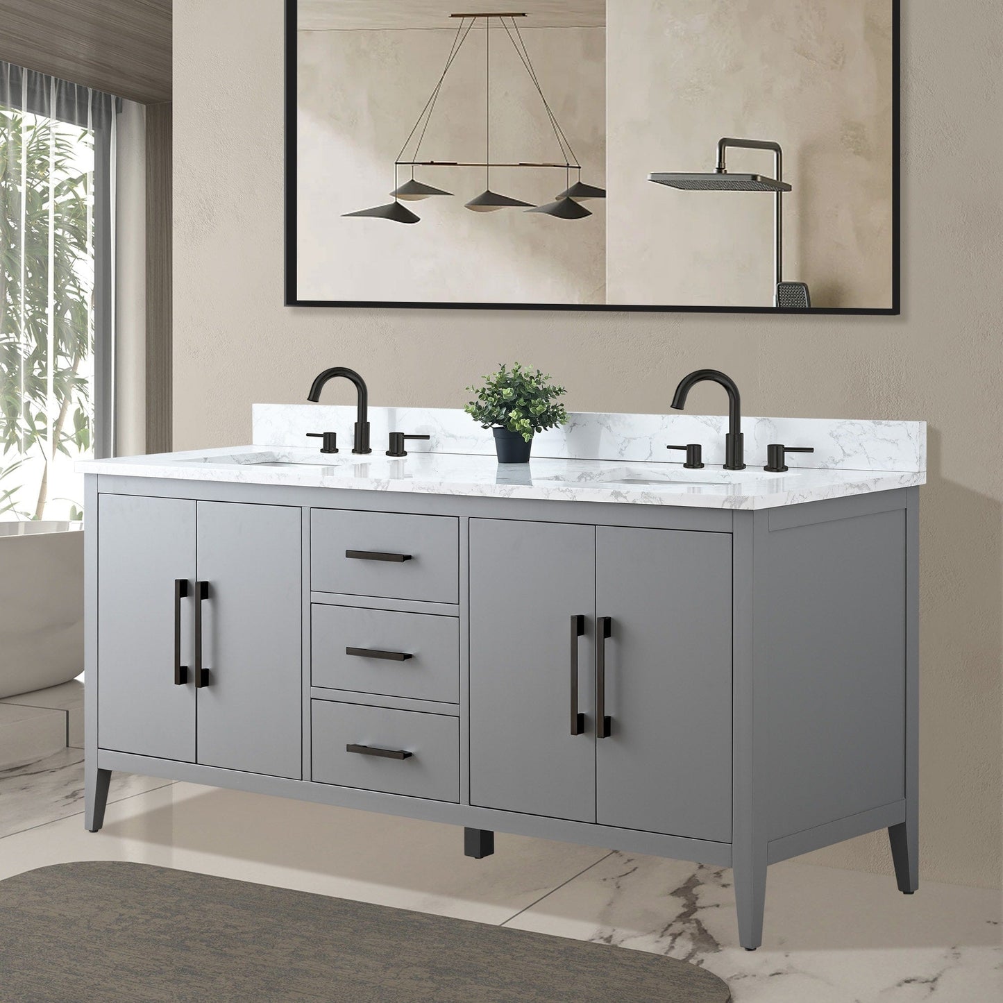 Meuble-lavabo double vasque Vanity Art 72 avec plateau en marbre reconstitué