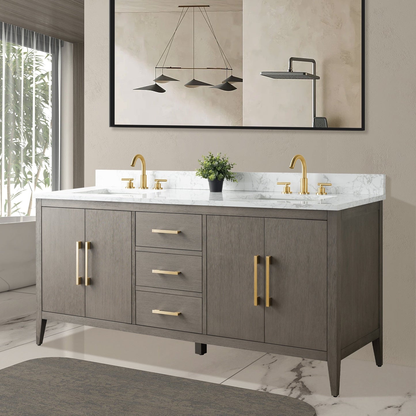 Meuble-lavabo double vasque Vanity Art 72 avec plateau en marbre reconstitué