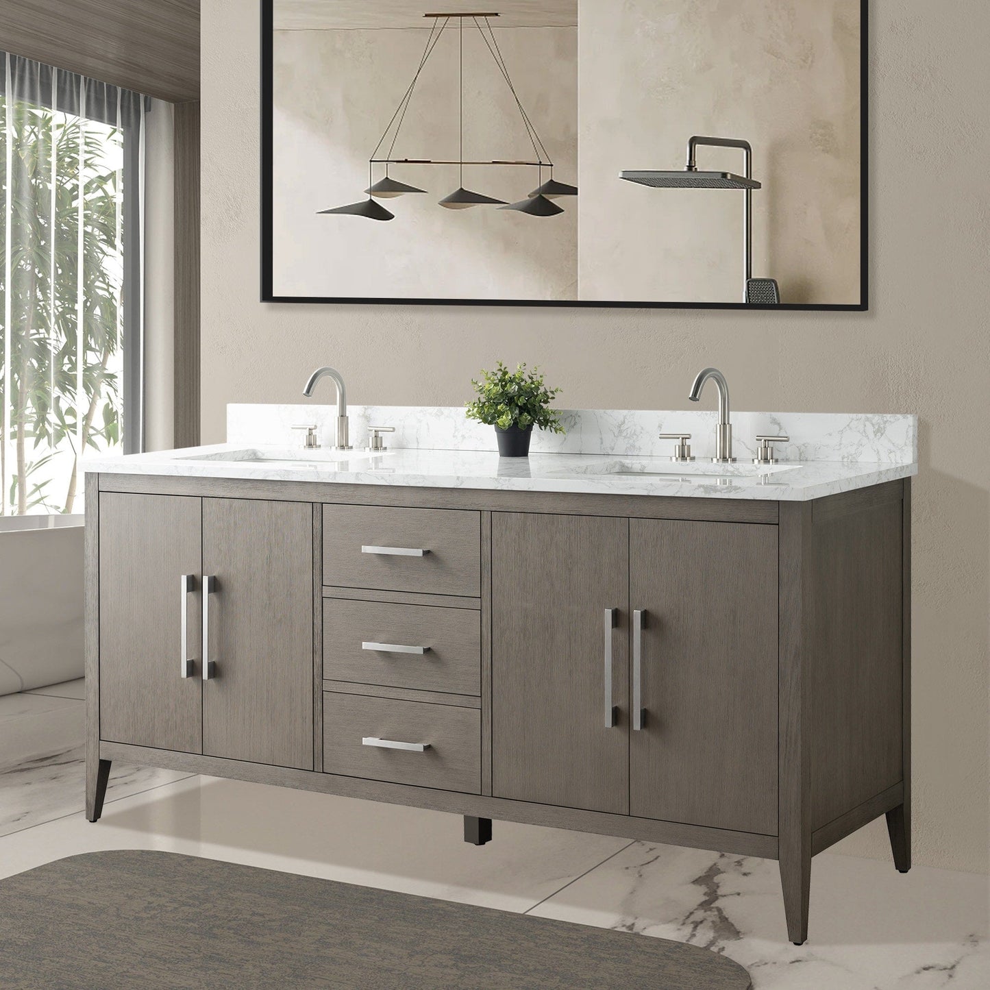 Meuble-lavabo double vasque Vanity Art 72 avec plateau en marbre reconstitué
