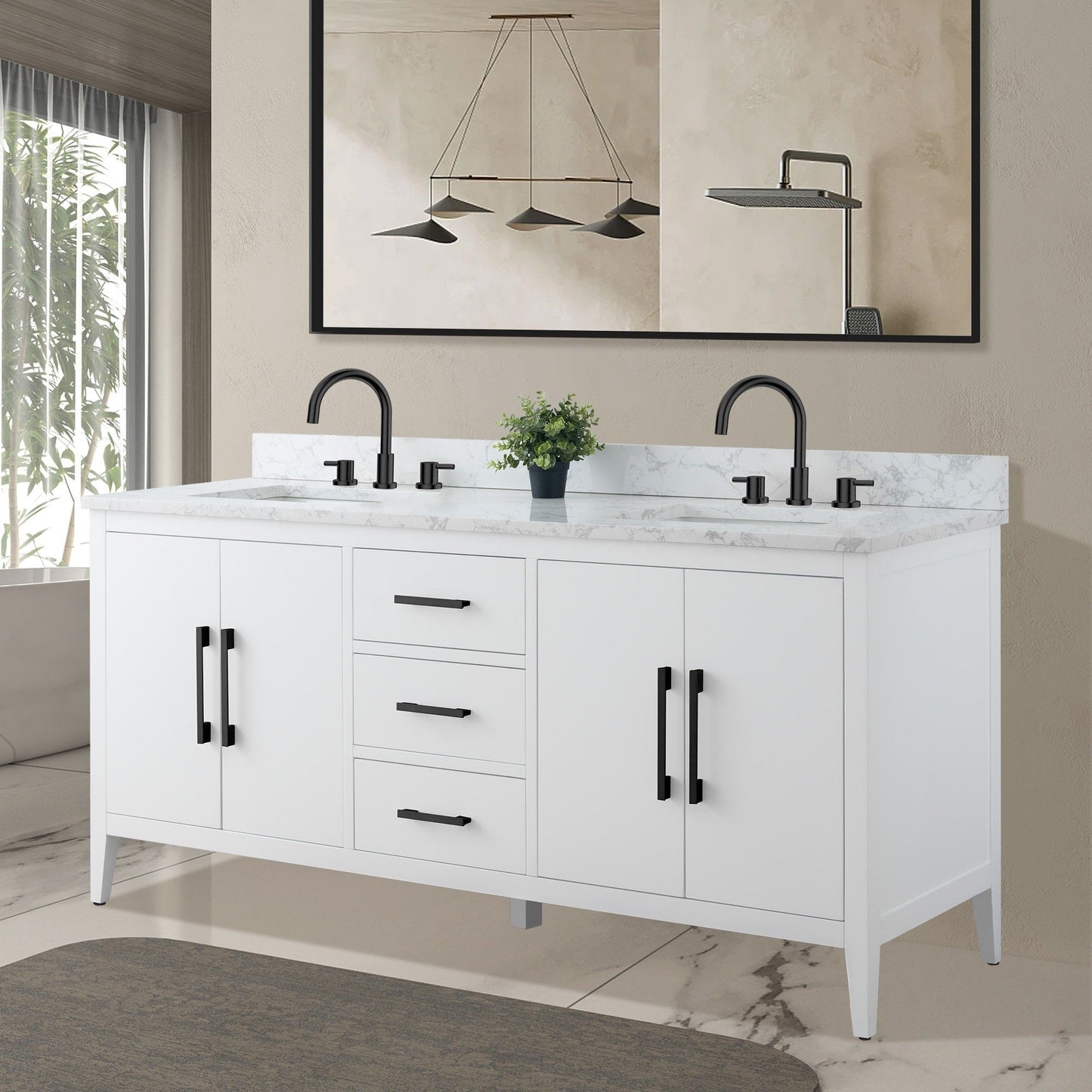 Meuble-lavabo double vasque Vanity Art 72 avec plateau en marbre reconstitué