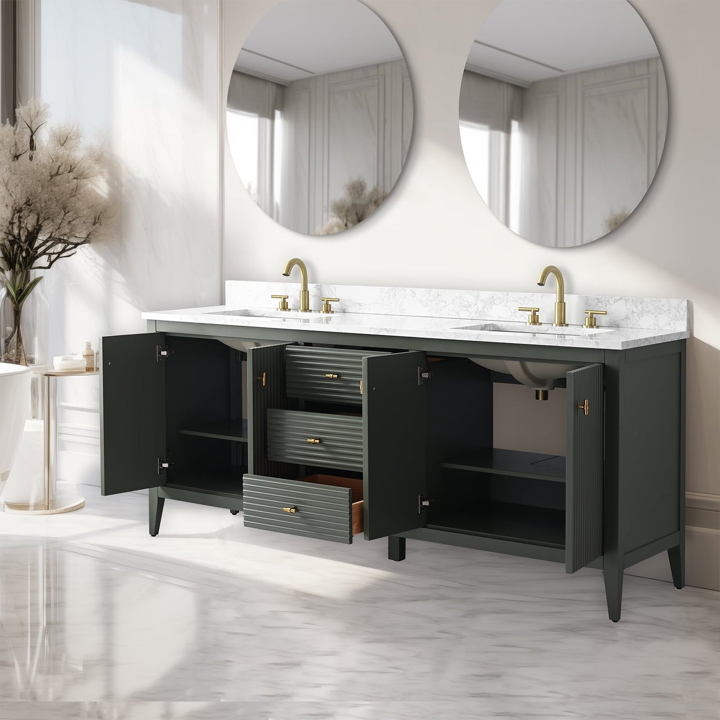 Meuble-lavabo double vasque Vanity Art 72 avec plateau en marbre reconstitué