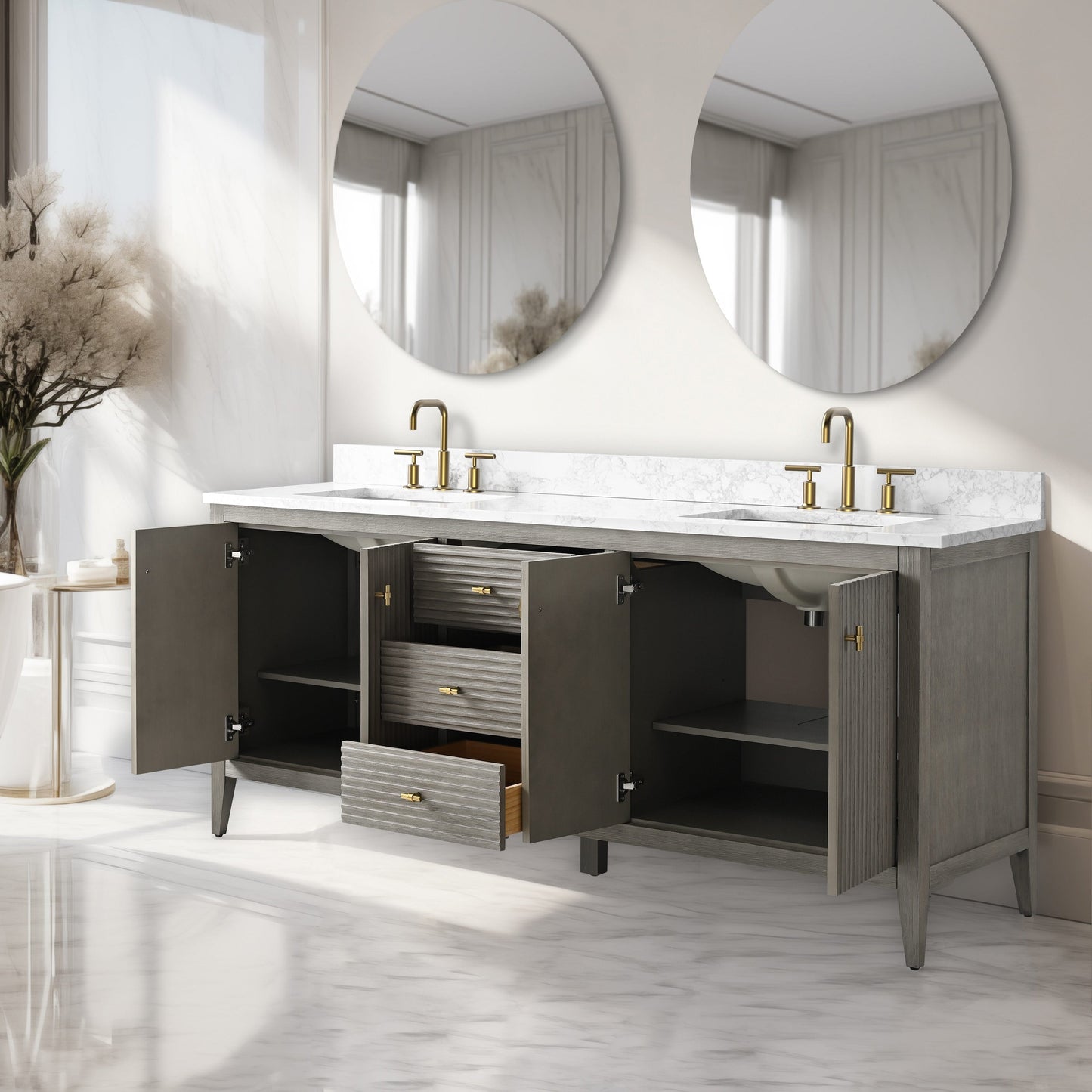 Meuble-lavabo double vasque Vanity Art 72 avec plateau en marbre reconstitué
