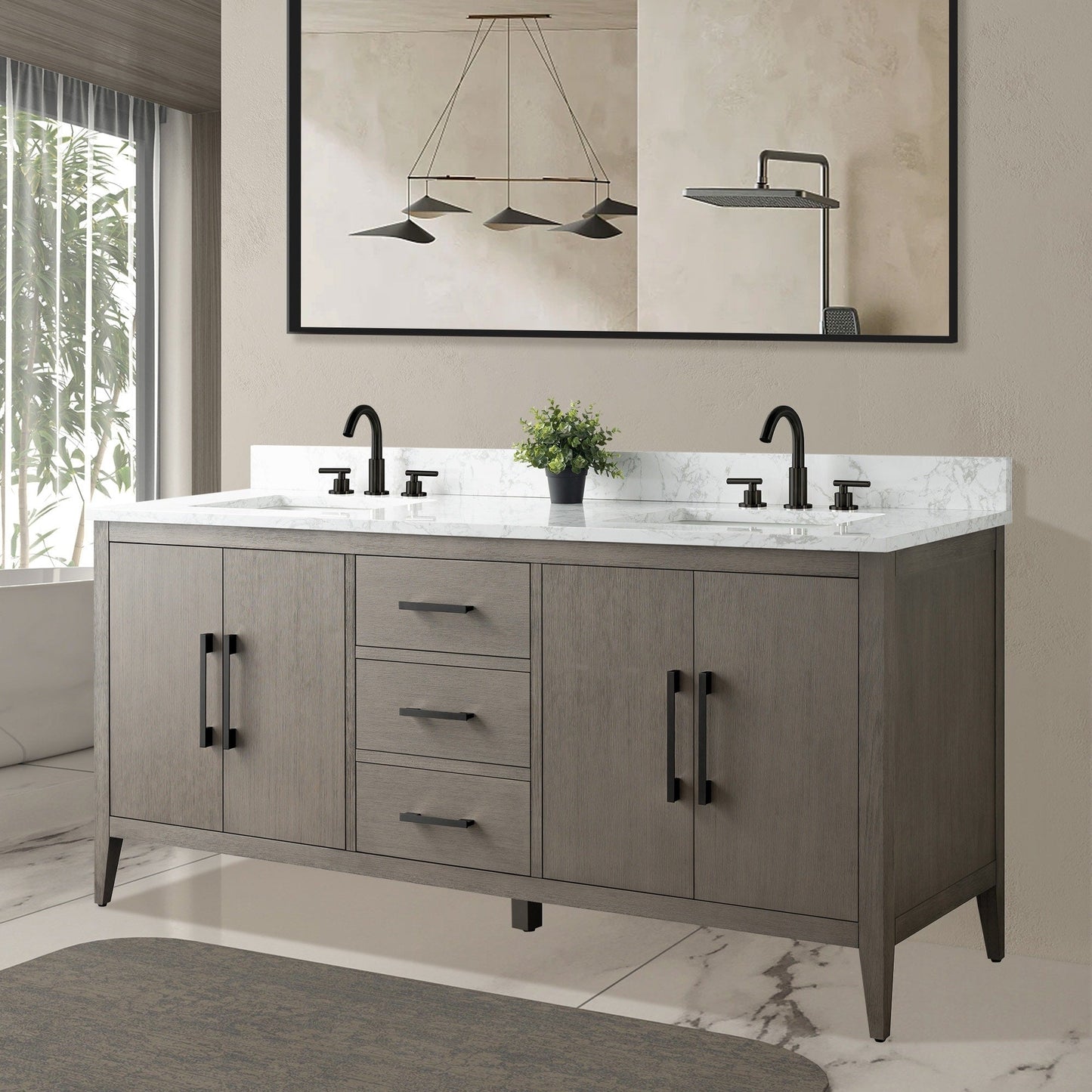 Meuble-lavabo double vasque Vanity Art 72 avec plateau en marbre reconstitué