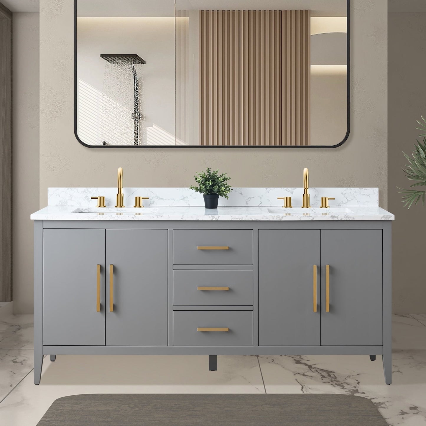 Meuble-lavabo double vasque Vanity Art 72 avec plateau en marbre reconstitué