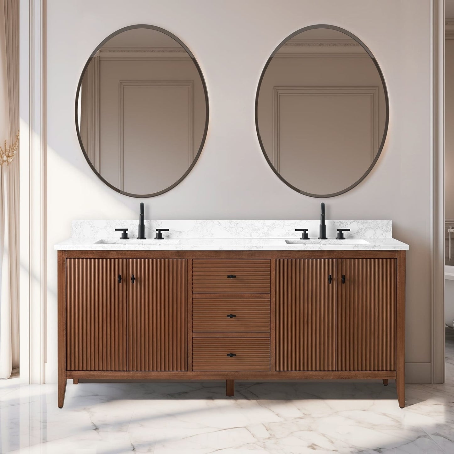 Meuble-lavabo double vasque Vanity Art 72 avec plateau en marbre reconstitué