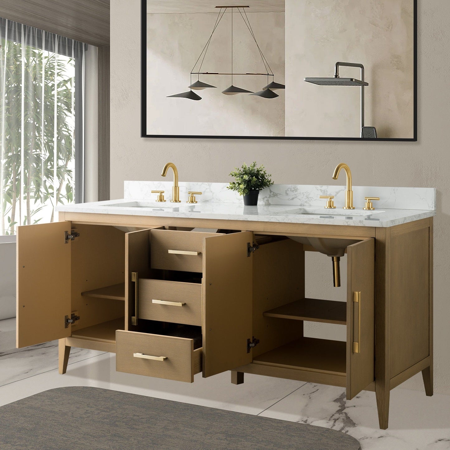 Meuble-lavabo double vasque Vanity Art 72 avec plateau en marbre reconstitué