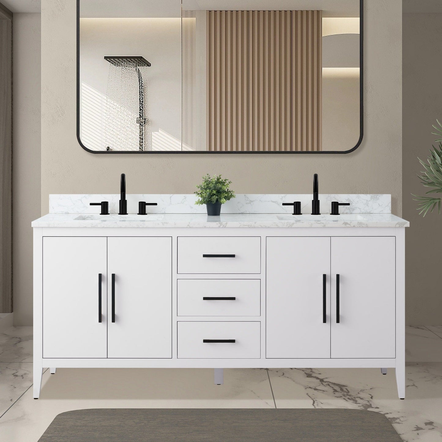 Meuble-lavabo double vasque Vanity Art 72 avec plateau en marbre reconstitué
