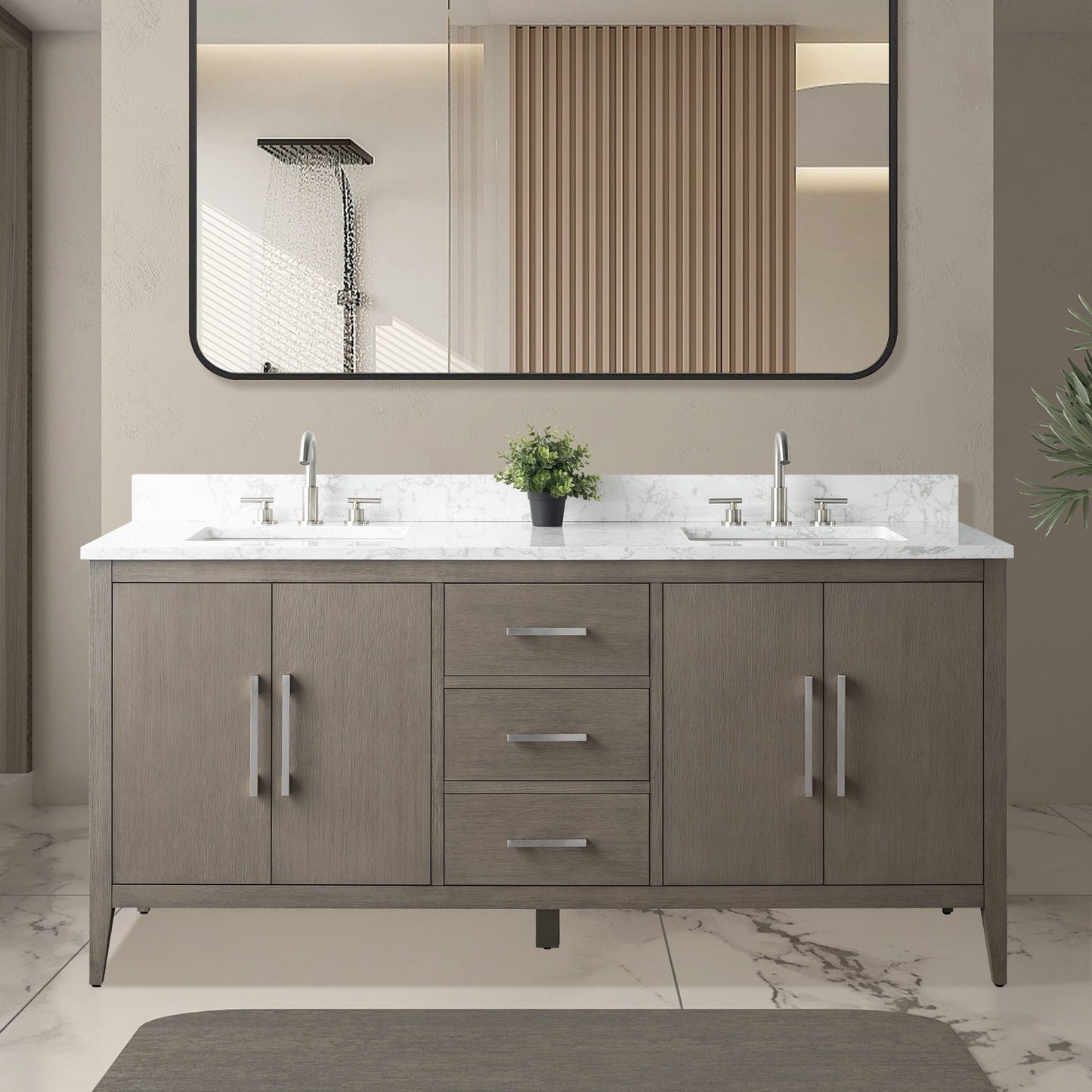 Meuble-lavabo double vasque Vanity Art 72 avec plateau en marbre reconstitué