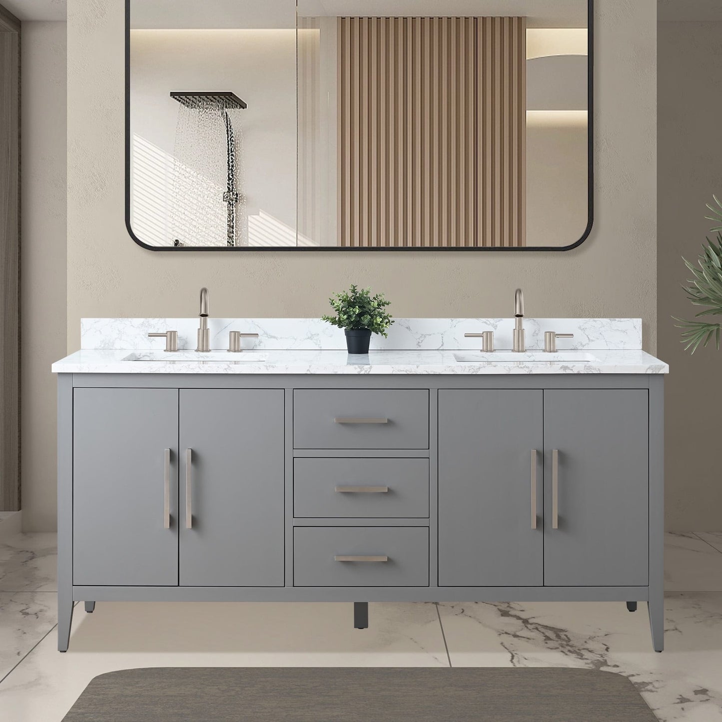 Meuble-lavabo double vasque Vanity Art 72 avec plateau en marbre reconstitué