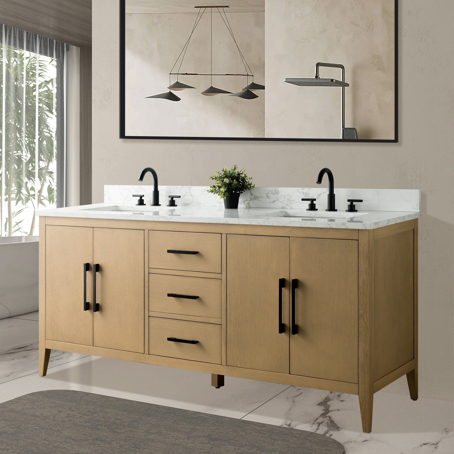 Meuble-lavabo double vasque Vanity Art 72 avec plateau en marbre reconstitué